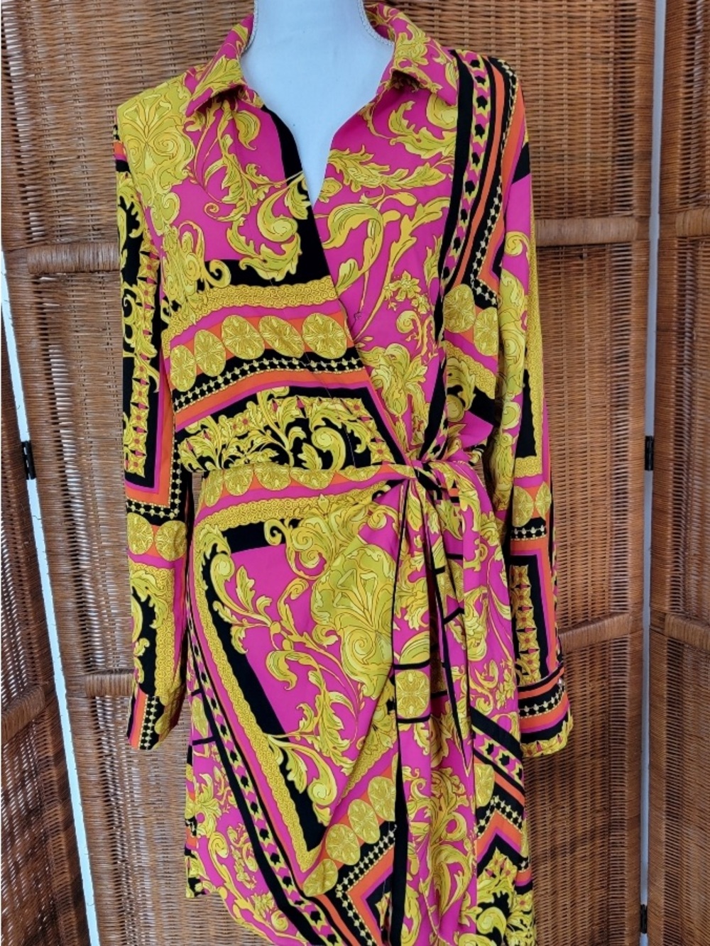 EUC Long Sleeve Pink & Gold Print Tie-Waist Dress - Picture 3 of 13